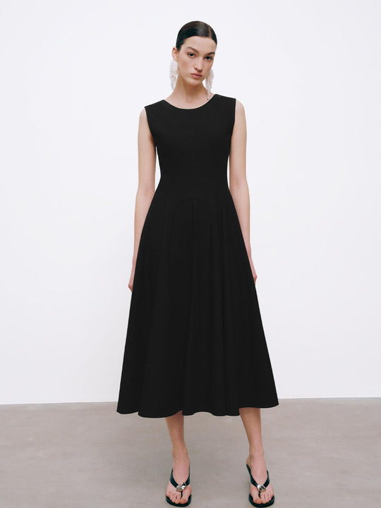 Crew Neck Sleeveless A-Line Midi Dresses