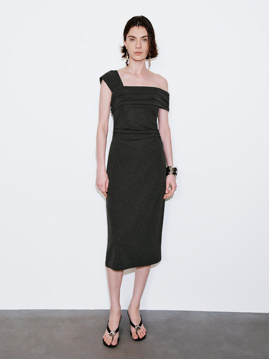 One Shoulder Ruched Straight Midi Dresses