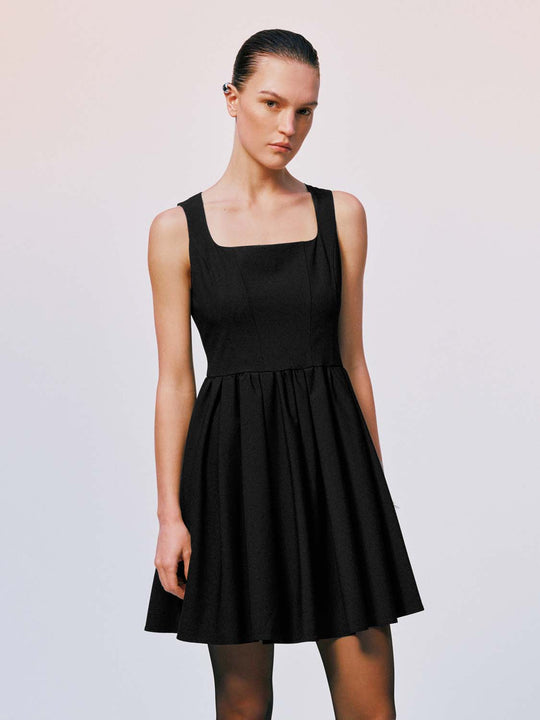 Square Neck Sleeveless A-Line Pleated Midi Dresses