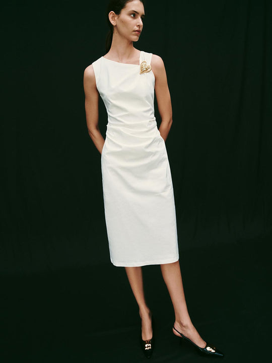 Asymmetric Sleeveless Ruched Straight Midi Dresses