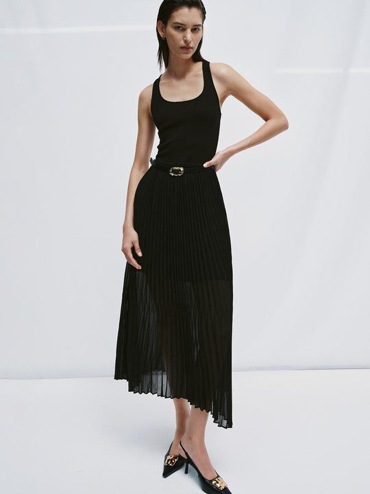 Strappy U-Neck Belted Pleated A-Line Maxi Dresses