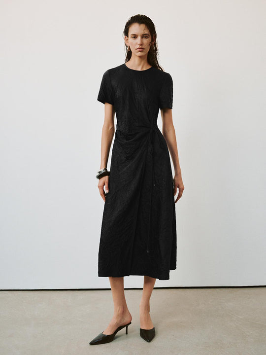 Lace-Up Short Sleeve A-Line Midi Dresses