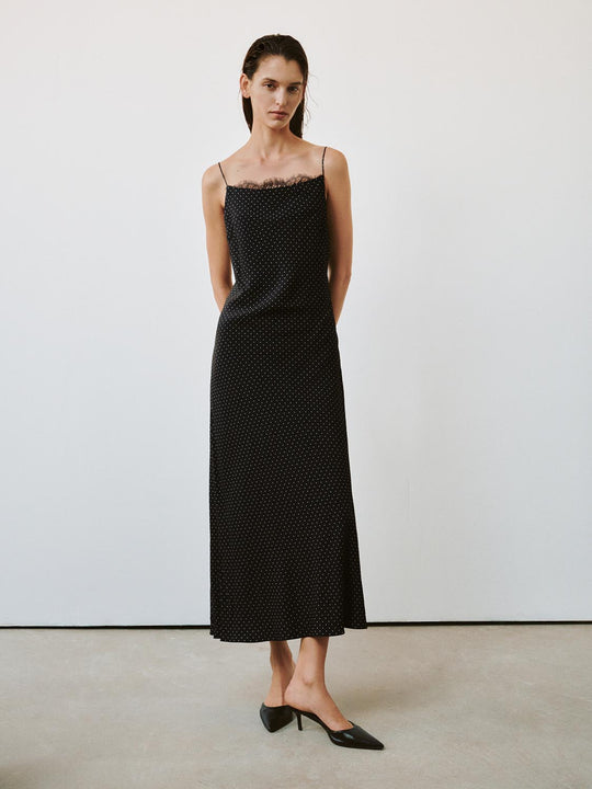 Polka-Dotted Strappy Lace Trim Straight Maxi Dresses