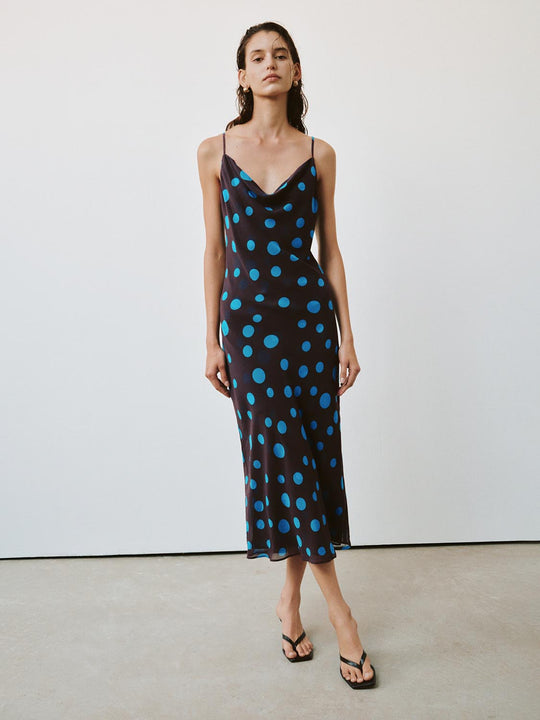 Silk Satin Polka Dot Strappy Cowl Neck Midi Dresses