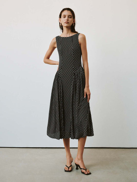Polka Dot Boat Neck Sleeveless Seamed A-Line Midi Dresses
