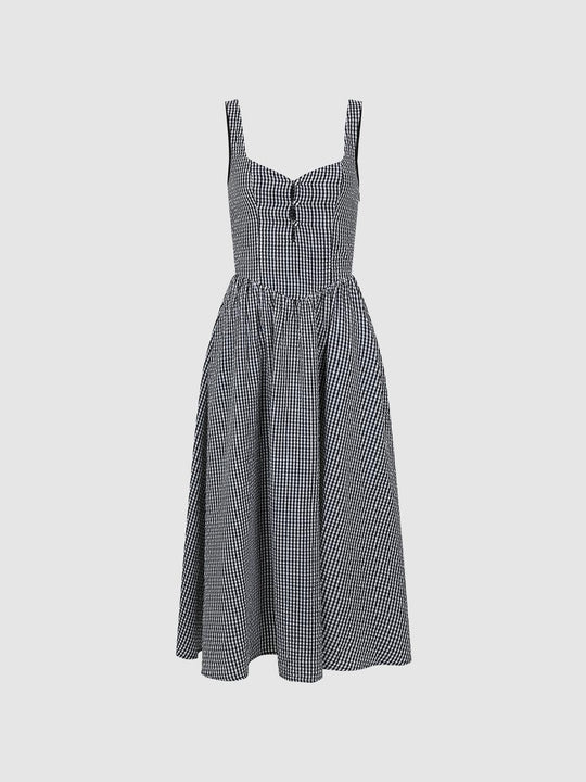 Contrast Check Strappy A-Line Midi Dresses