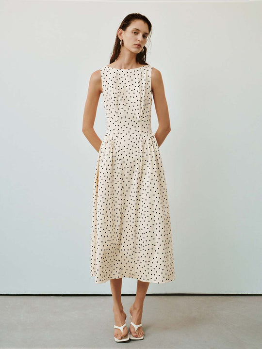 Polka Dot Boat Neck Sleeveless Nipped-Waist A-Line Midi Dresses