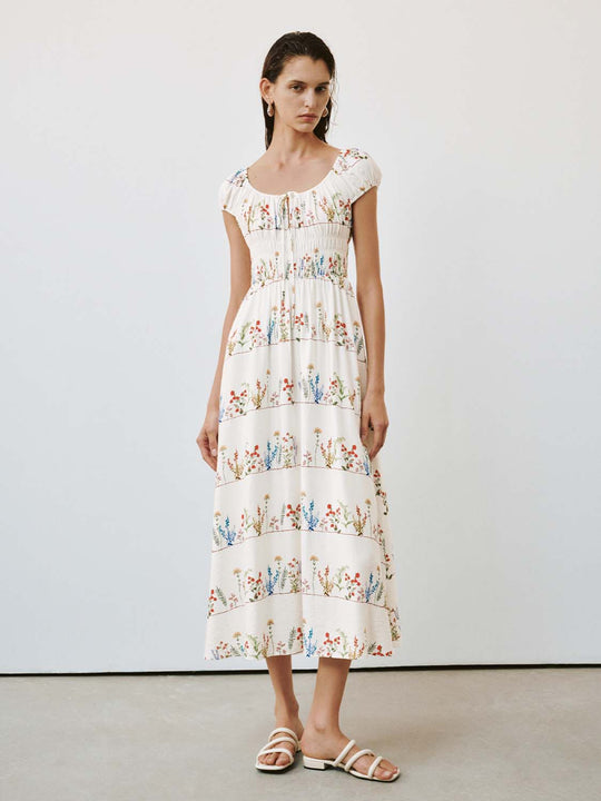 Puff Short Sleeve Shirring Detail Printed A-Line Midi Dresses