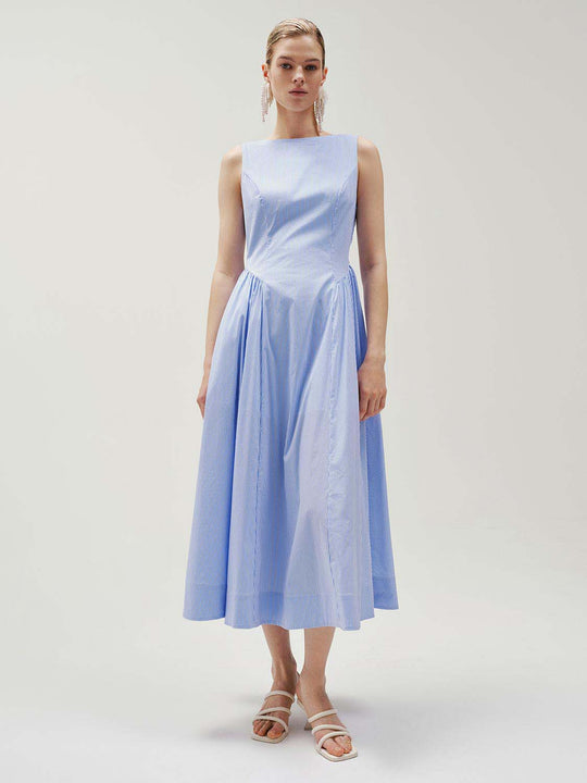 Cotton Blend Striped Sleeveless A-Line Midi Dresses