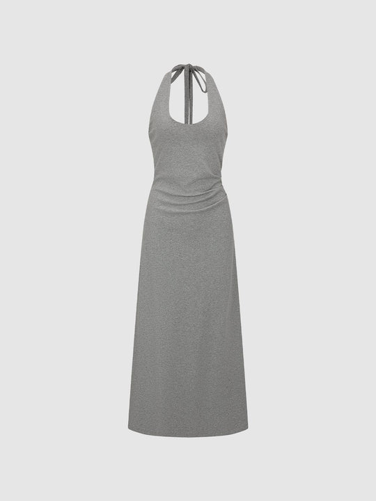 Halter Neck Metallic Ruched Open-Back A-Line Midi Dresses