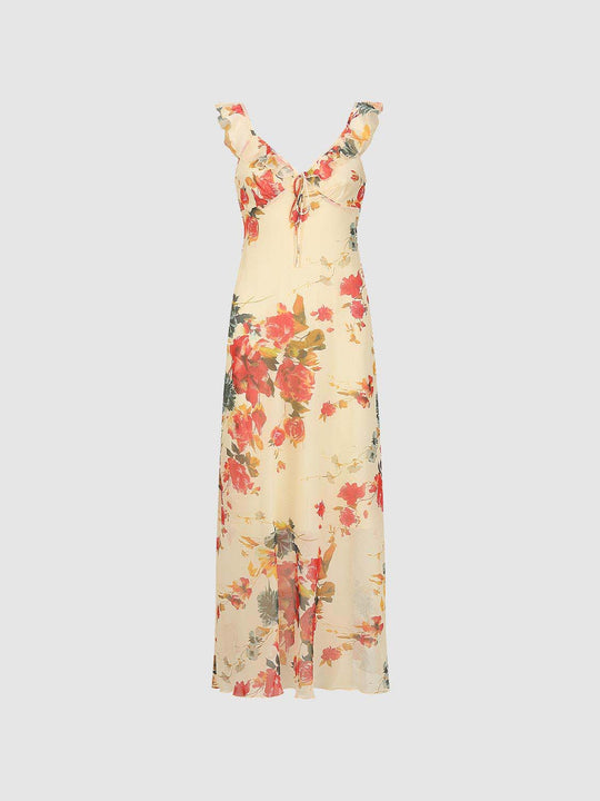 Floral Print Ruffle Strap Maxi Lightweight Dress