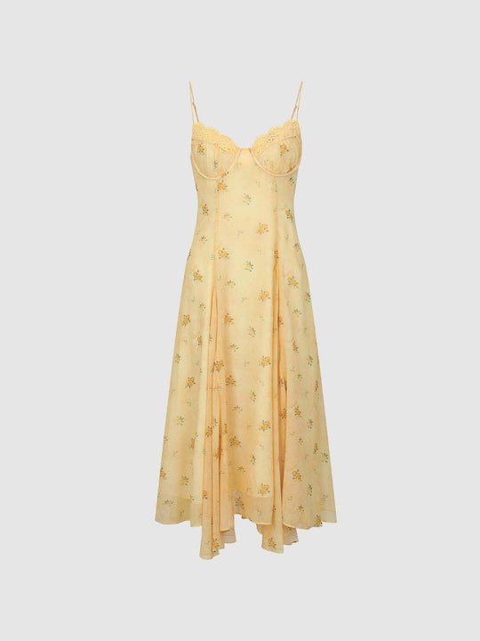 Floral Lace-trimmed Bodice Detail Slip Dress