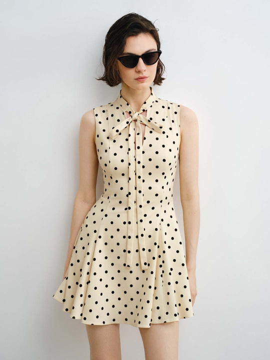 Polka Dot Bow-Neck A-Line Dress