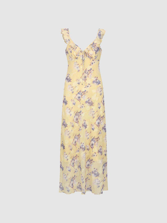 Floral Ruffle Straps Maxi Yellow With Tie Front Dress