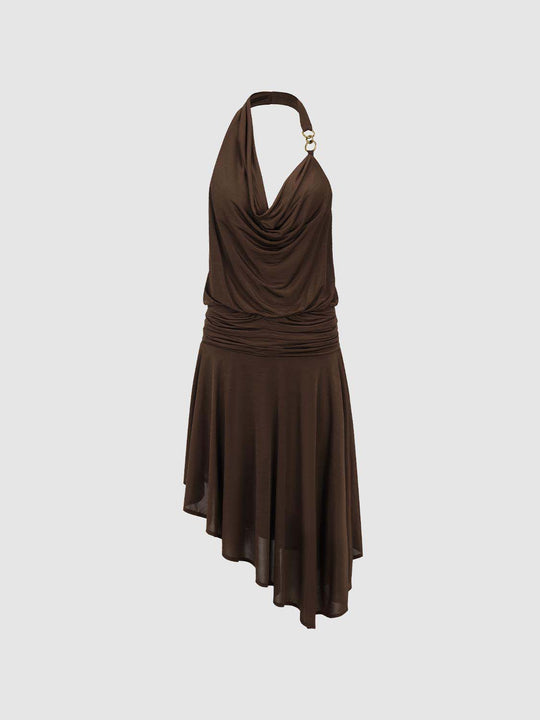 Halter Cowl Neck Ruched Waist Asymmetric Hem Mini Dress