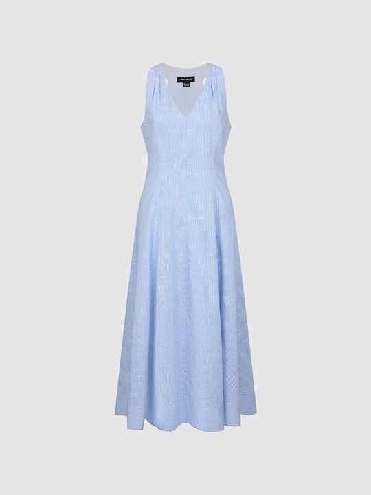 A-line Striped V-neck Full Length Cotton Dress
