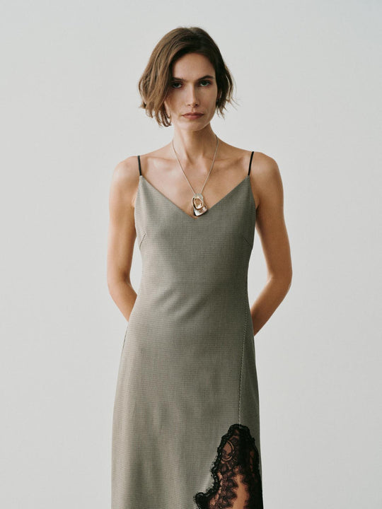 Lace Side Detail Checked V-neck Slip Maxi Dress