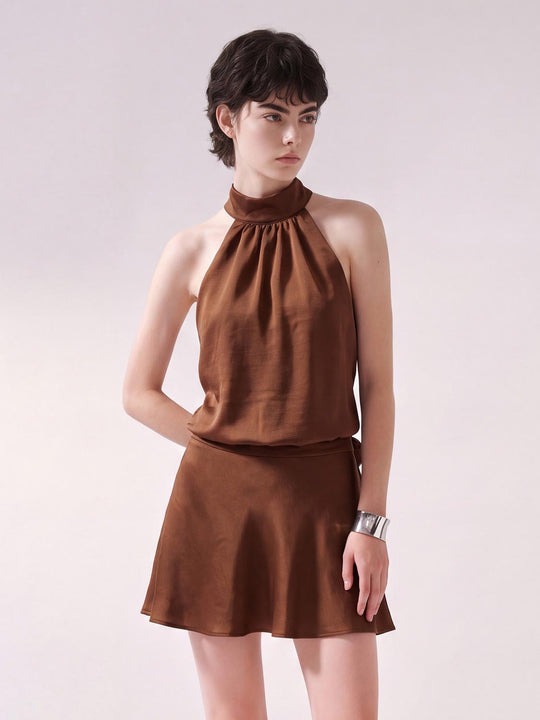 Ruched A-Line Halter Neck Sleeveless Mini Dress