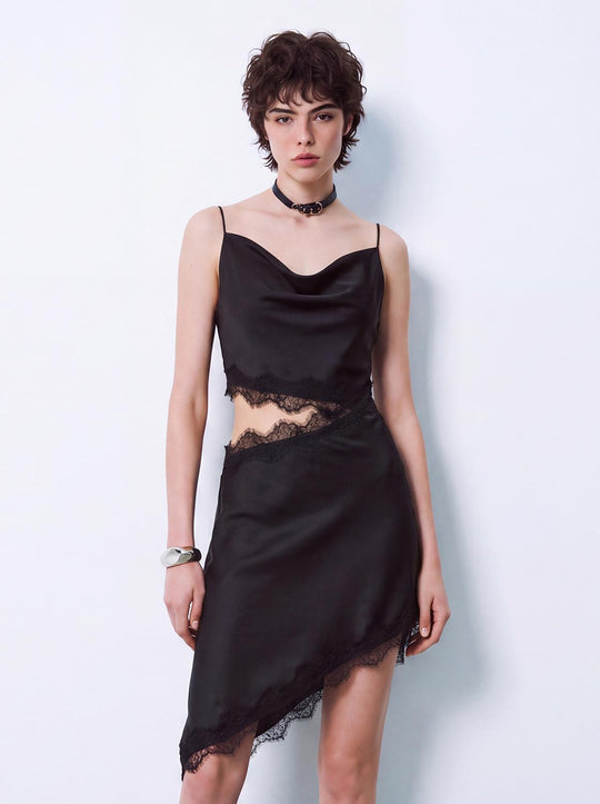 Lace Panelled Asymmetric Cowl Neck Sleeveless Mini Dress