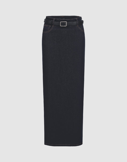 Straight Denim Skirt With Belt