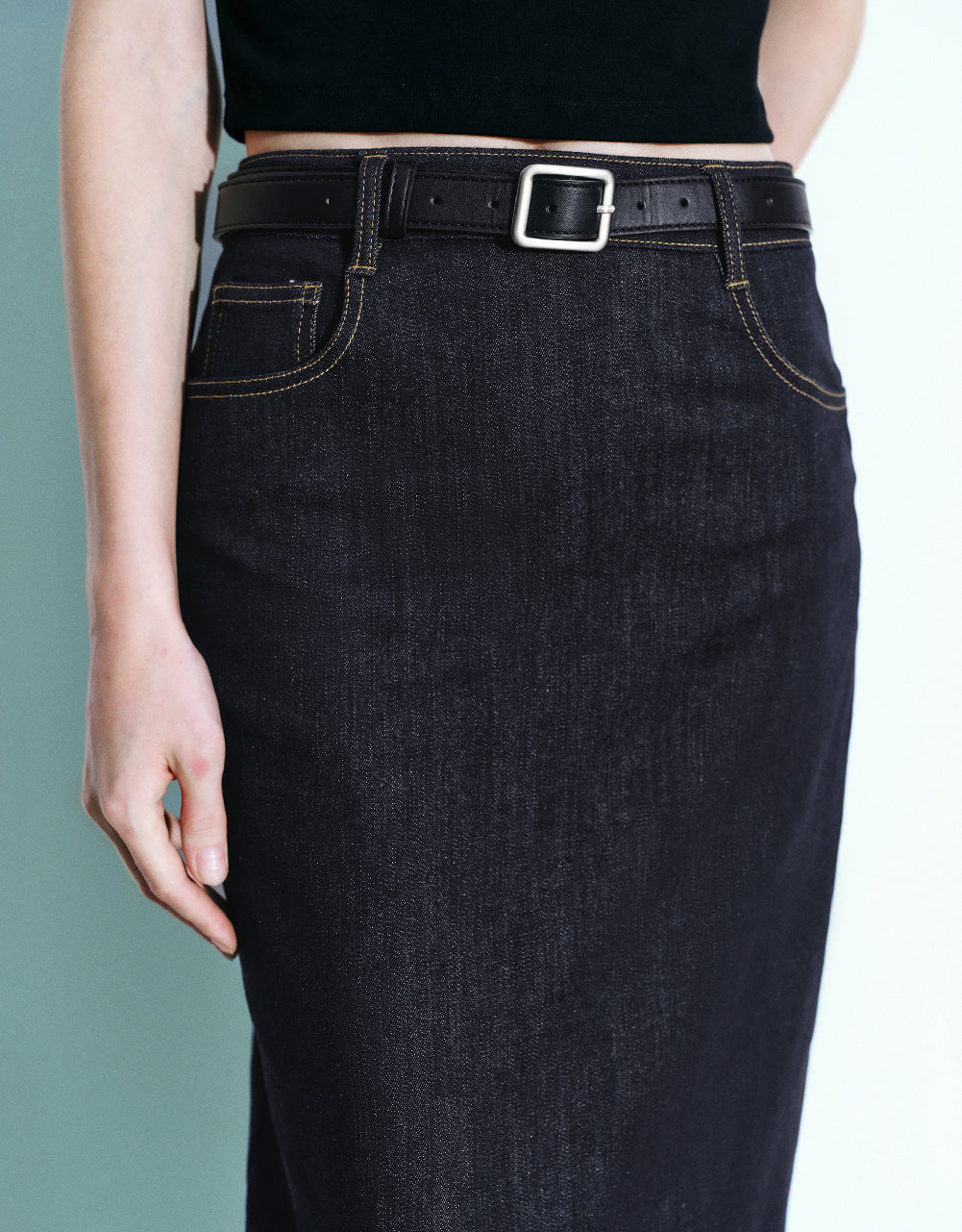 Straight Denim Skirt With Belt