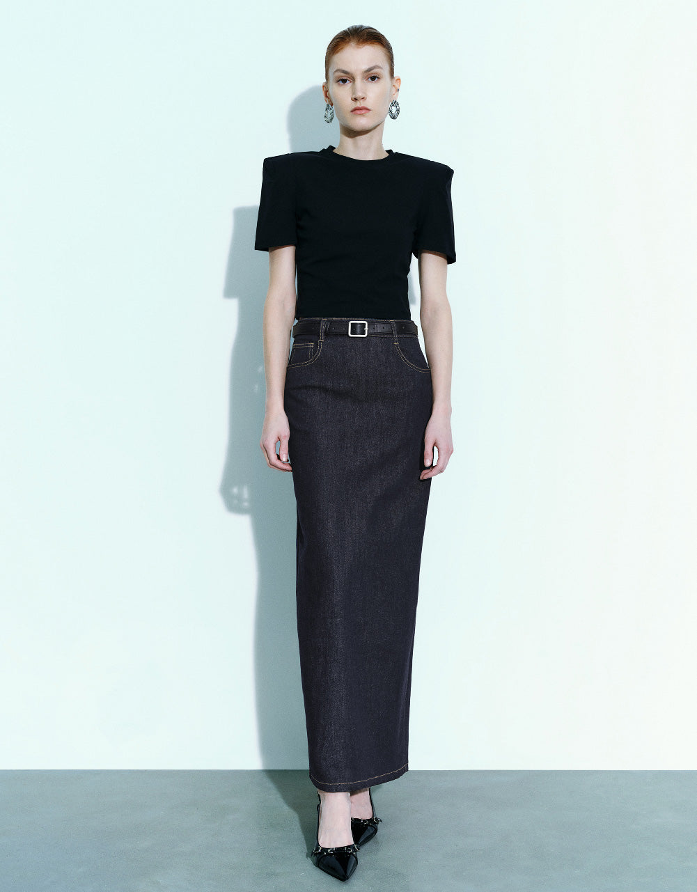 Straight Denim Skirt With Belt