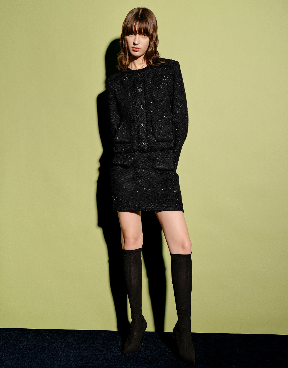 Tweed Mini A-Line Denim Skirt