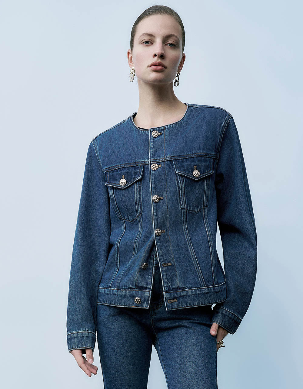 Crew Neck Denim Jacket