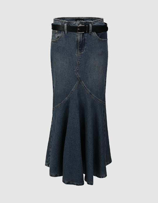 Denim Fishtail Skirt With Belt