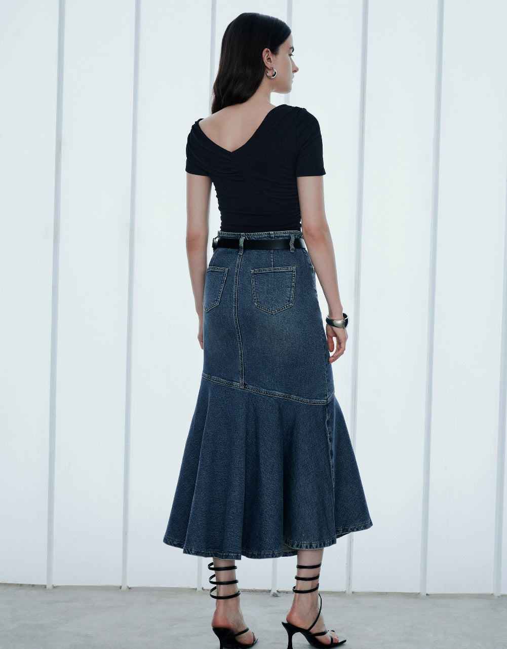 Denim Fishtail Skirt With Belt