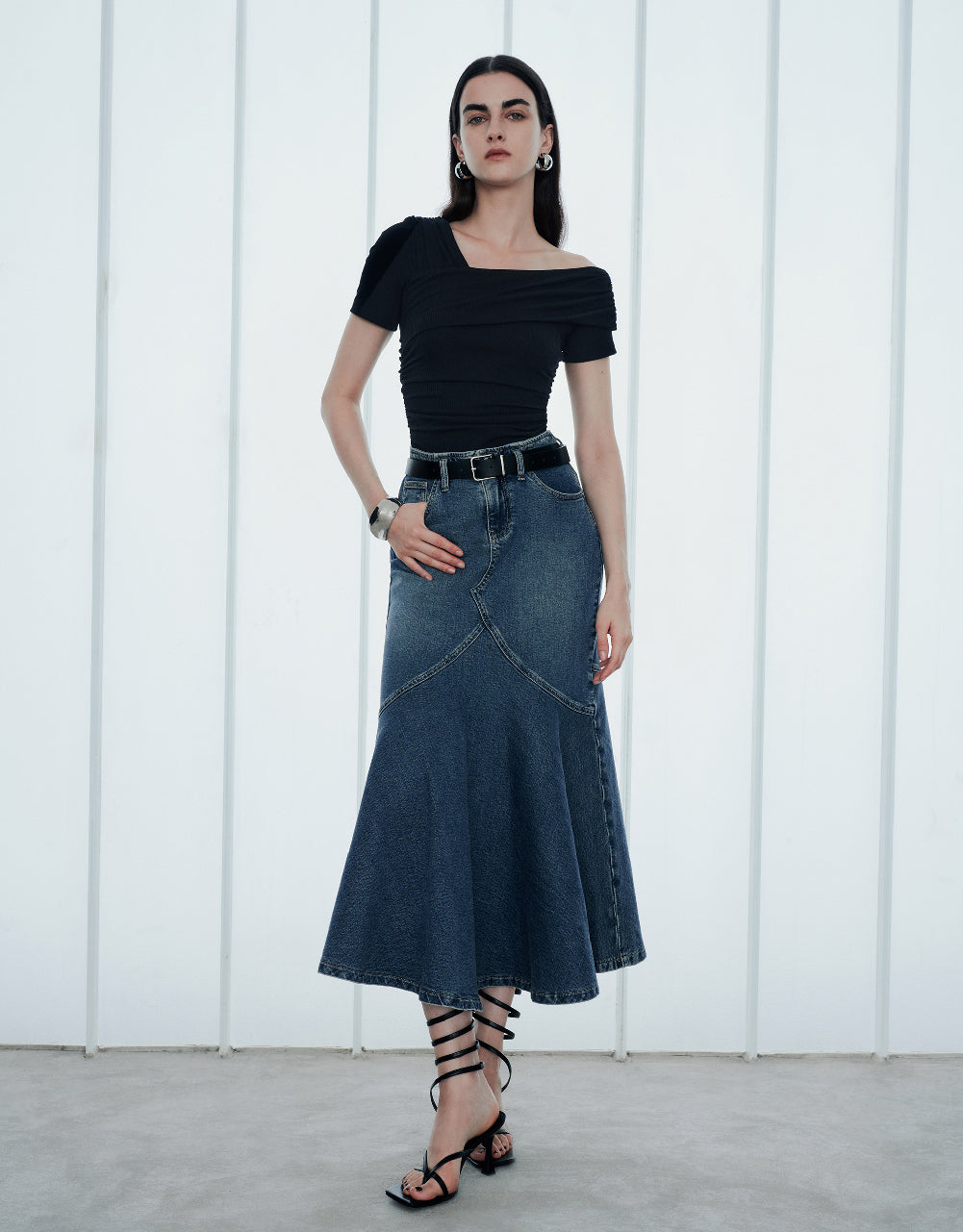 Denim Fishtail Skirt With Belt
