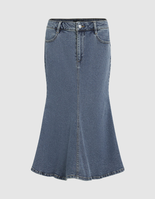 Midi Fishtail Denim Skirt