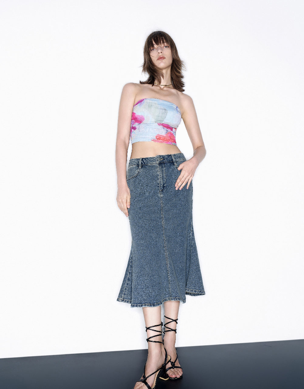 Midi Fishtail Denim Skirt