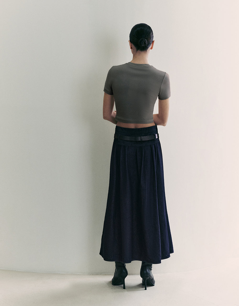 Midi A-Line Denim Skirt With Belt