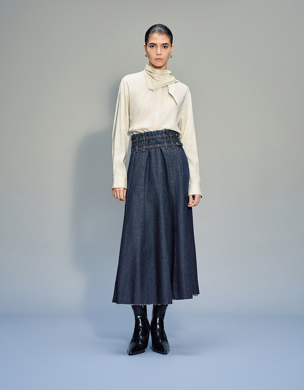 Midi A-Line Denim Skirt