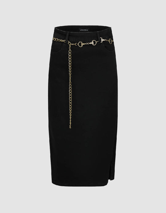 Midi Straight Denim Skirt With Chain