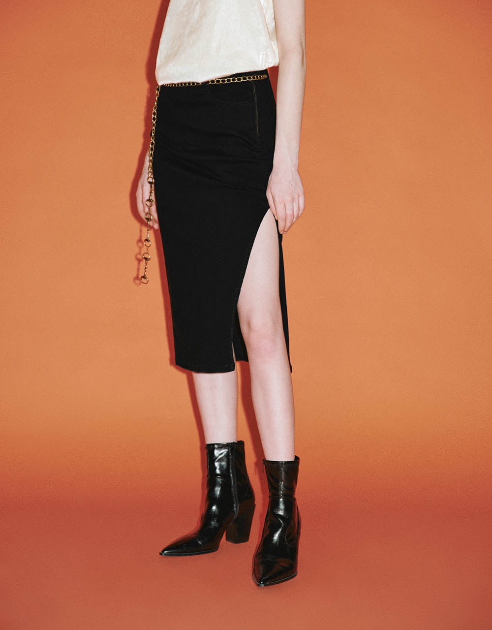 Midi Straight Denim Skirt With Chain
