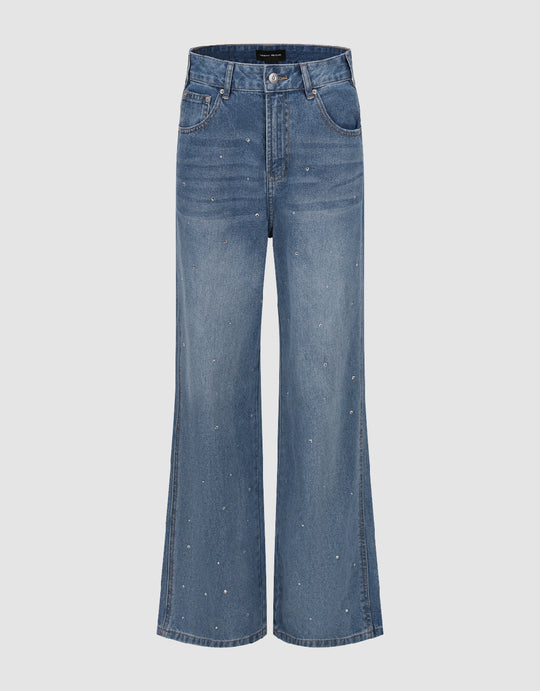 Rhinestone Décor Wide-Leg Jeans