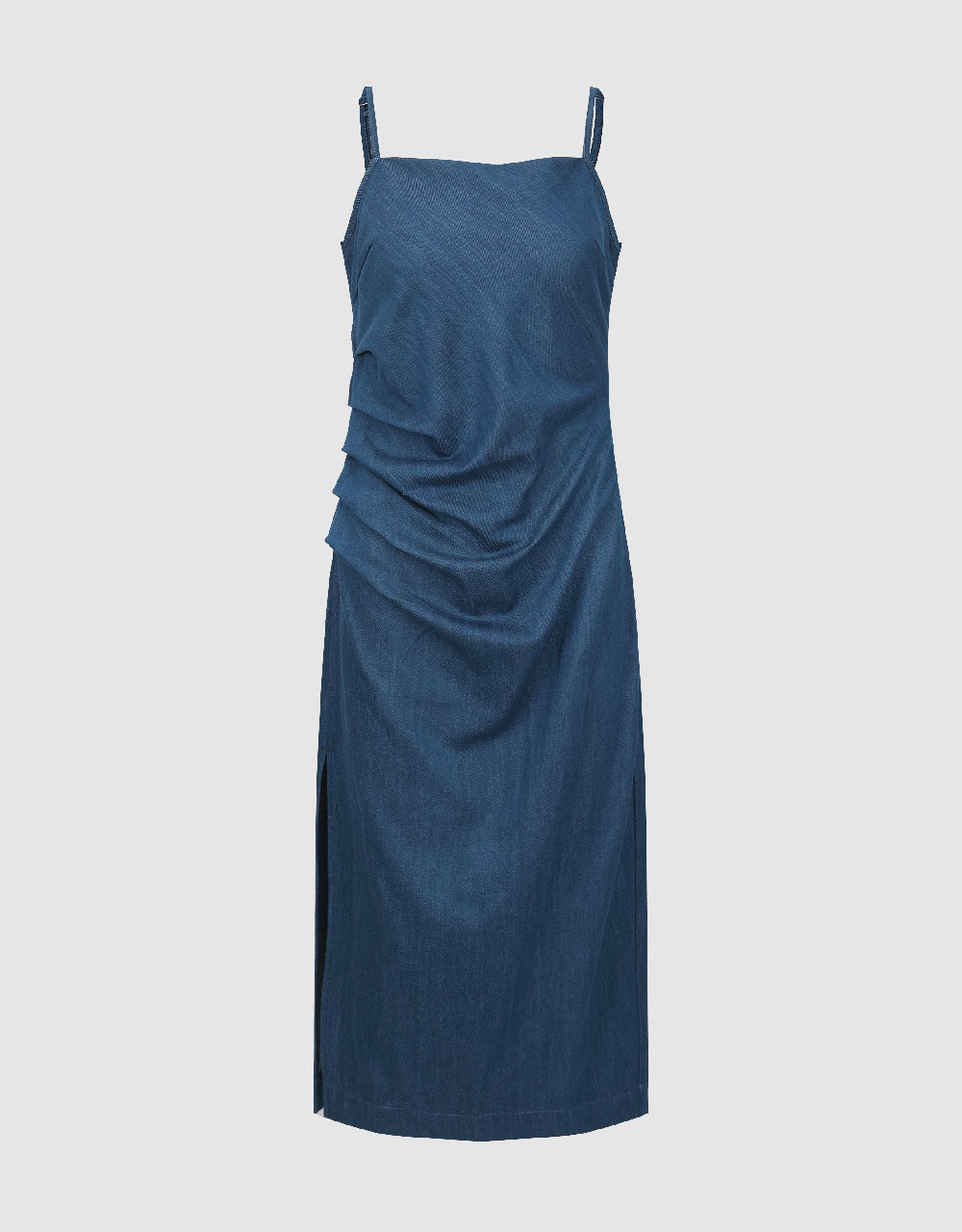 Ruched Off-Shoulder Denim Cami Dress