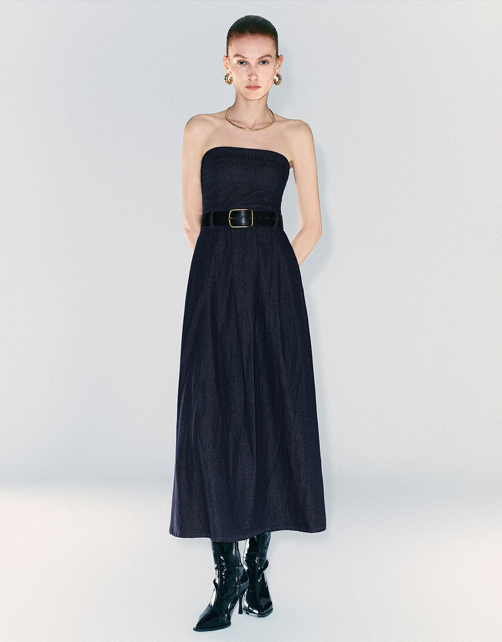 Sleeveless Off-Shoulder Denim Dress With Belt