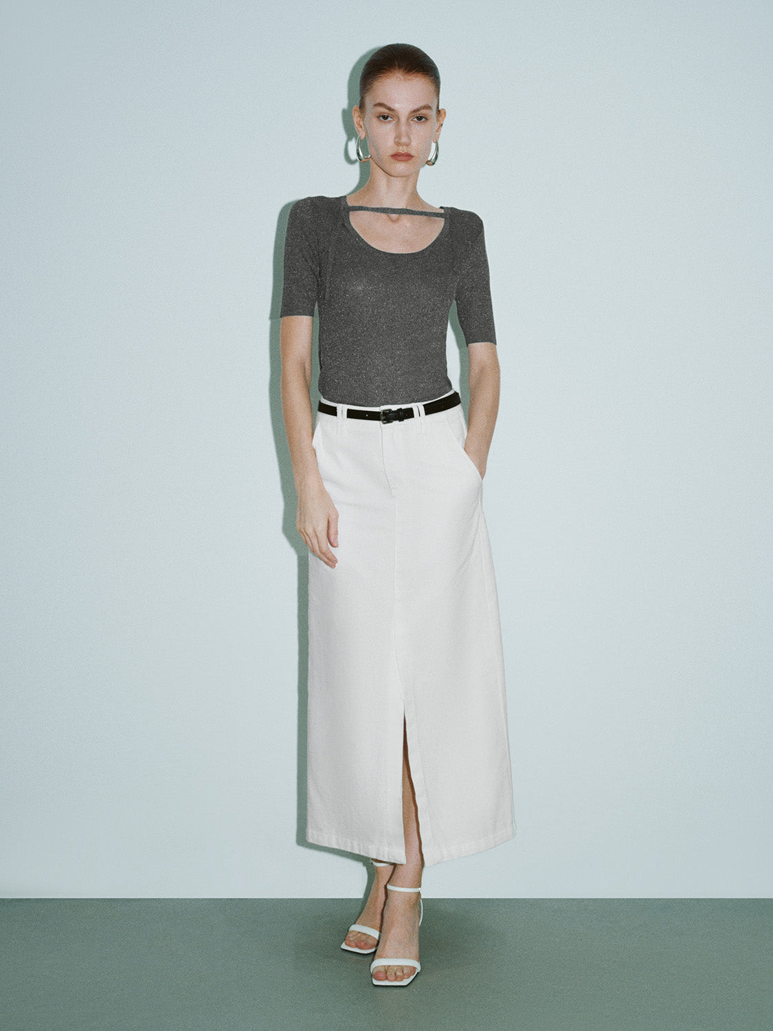 Midi Denim Skirt With Belt