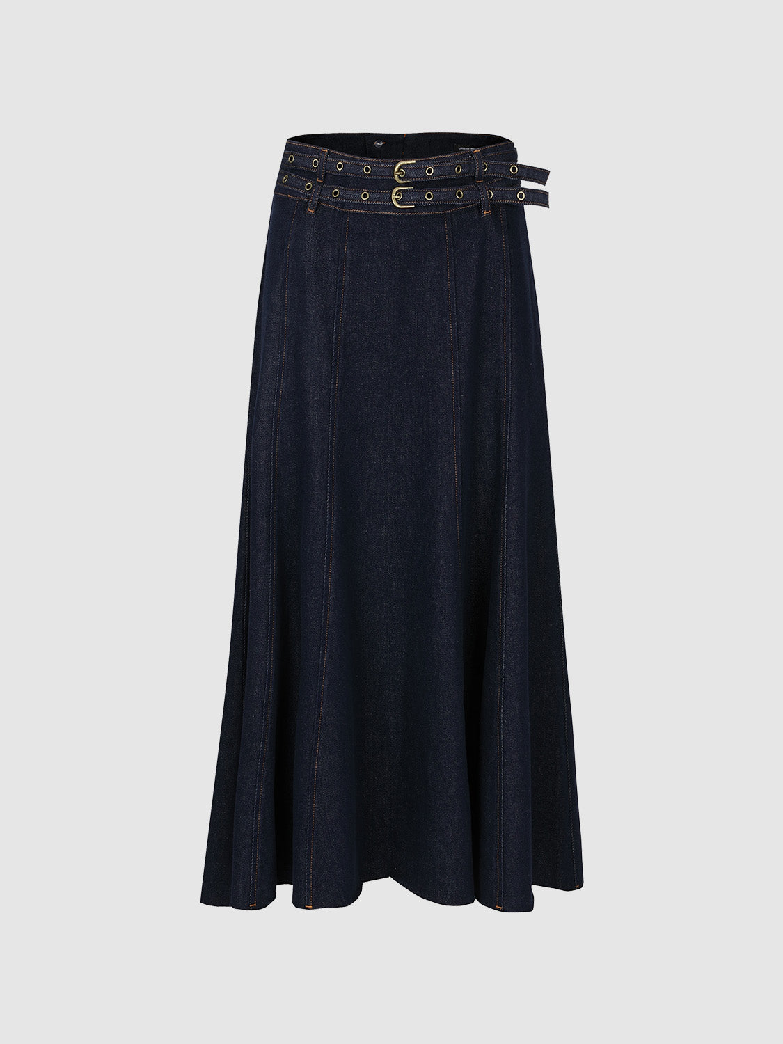 Midi Denim Skirt With Double Belts