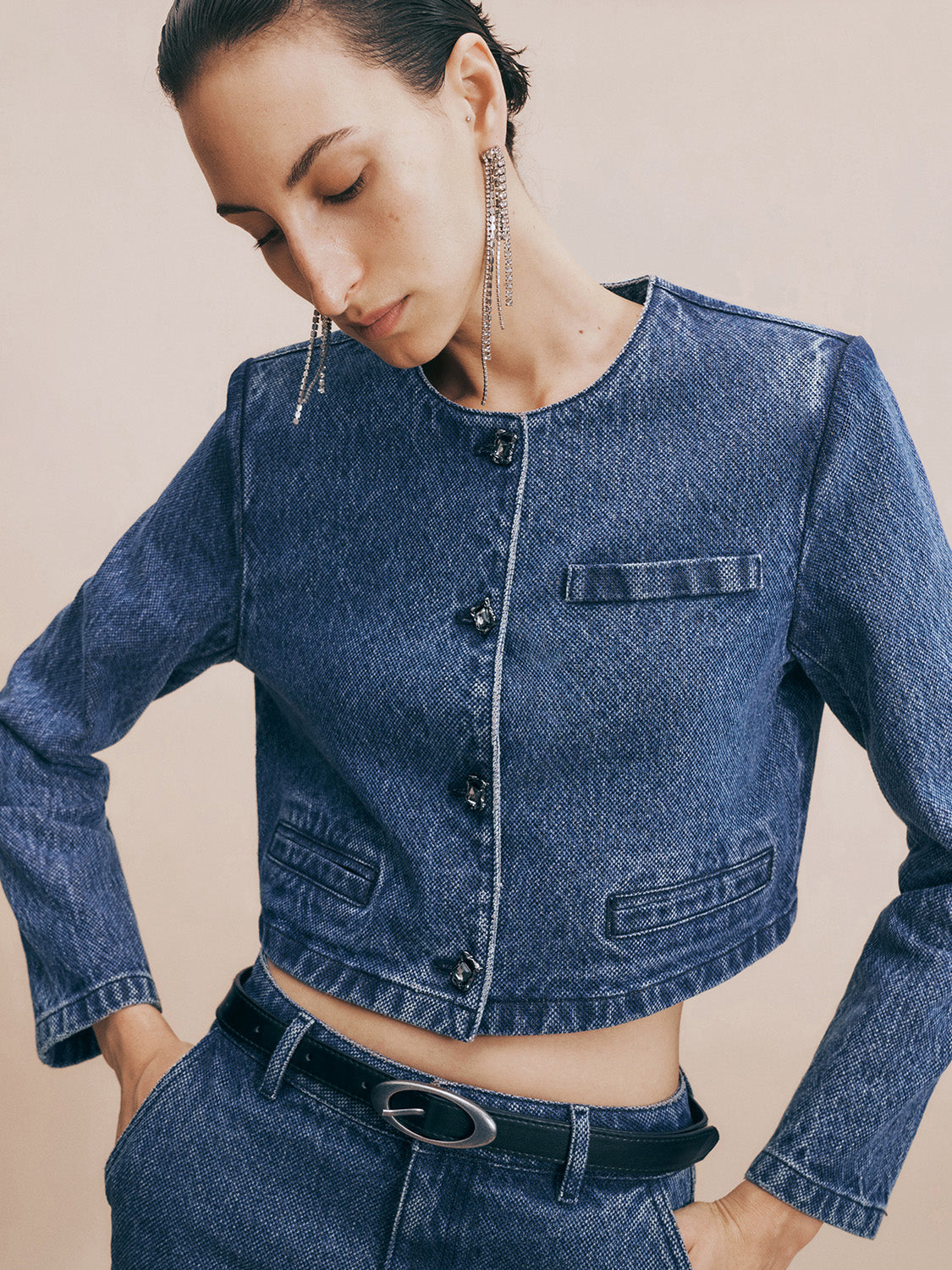 Crew Neck Straight Denim Jacket