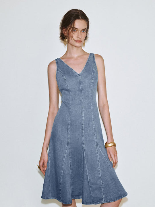 V-Neck Sleeveless Flared Denim Dresses