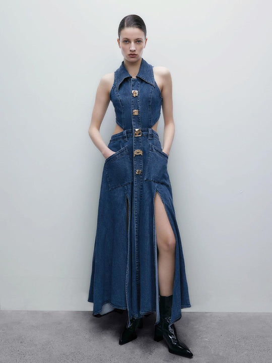 Point Collar Cut-Out Sleeveless Cotton Denim Maxi Dress