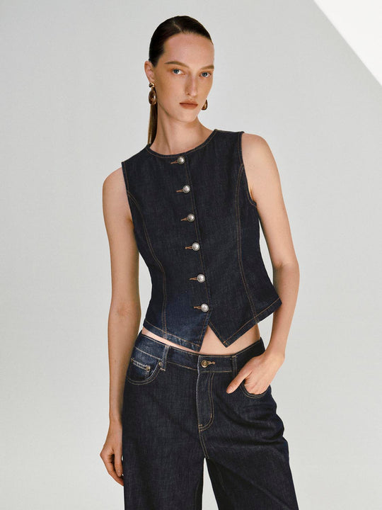 Front Button Seam Stitch Sleeveless Cropped Denim Vest