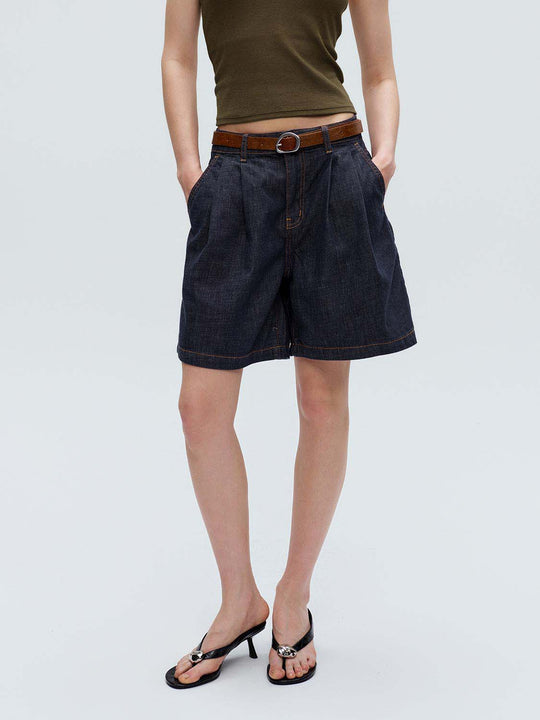 Belted Pleated Denim Shorts