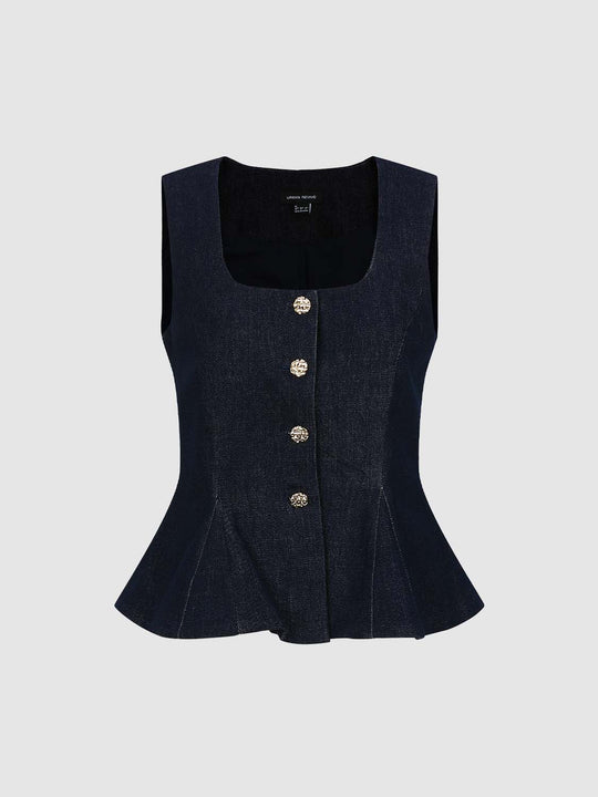 Square Neck Ruffle Hem Button Detail Sleeveless Denim Shirts