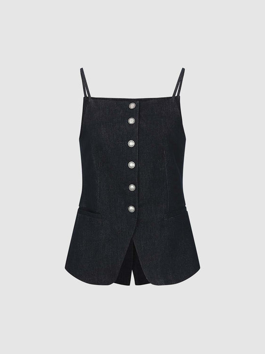 Button Detail Strappy Sleeveless Denim Shirts