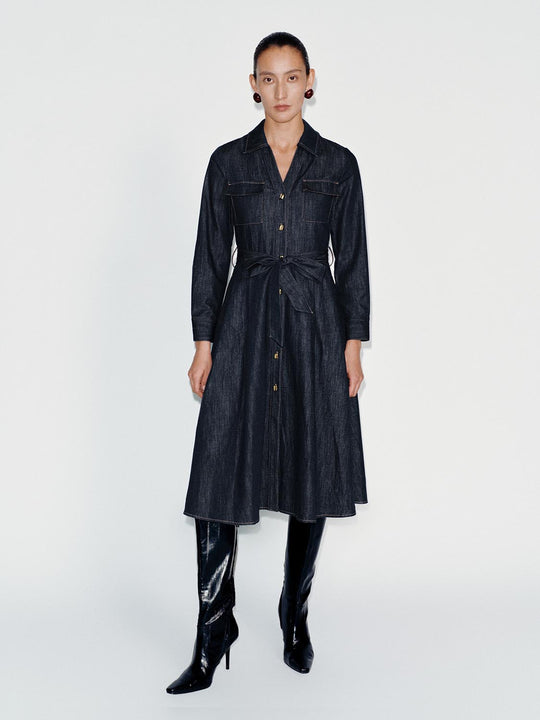 Collared Button Front Tie Waist Long Sleeve Denim Midi Dress
